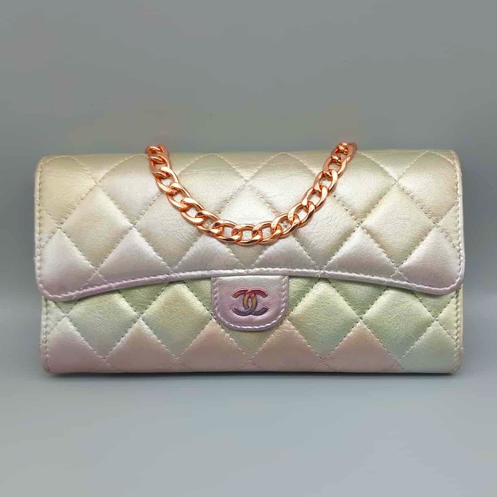 💛Chanel Gradient Metallic Calfskin Quilted Large Gusset Flap Clutch/Wallet
